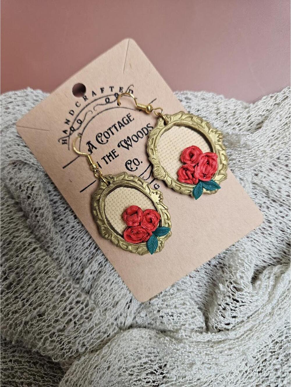 Handcrafted Polymer Clay Floral Frame Earrings with Red Roses